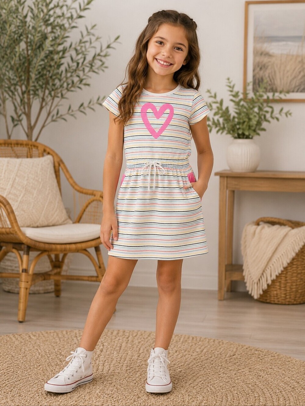 Circo Striped Dress w/ Pockets Tie Waist Short Sleeve Girl's Medium 7/8 Heart